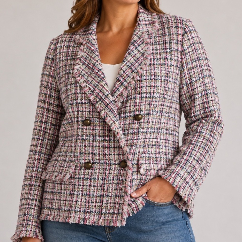 Ann Taylor Size 18 Tweed Blazer Pink Fringe Double Breasted Jacket NWOT